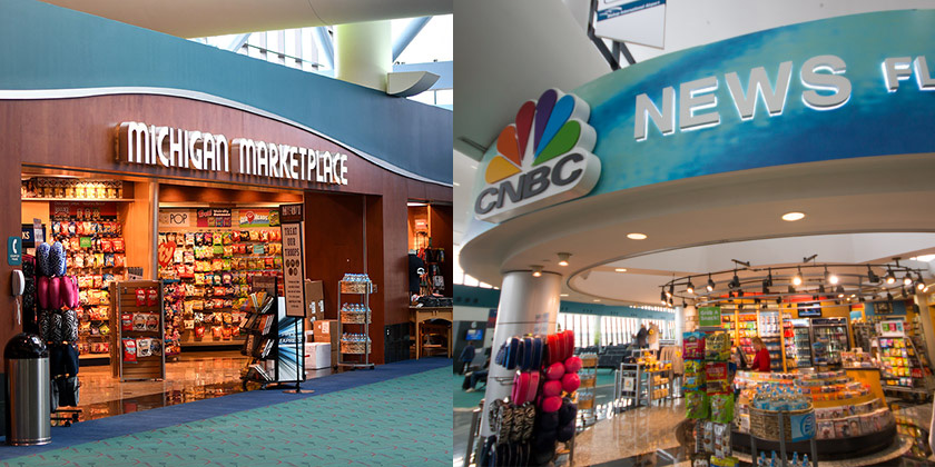 A photo of Michigan Marketplace gift shop on the left and the CNBC NEWS Flint gift shop on the right