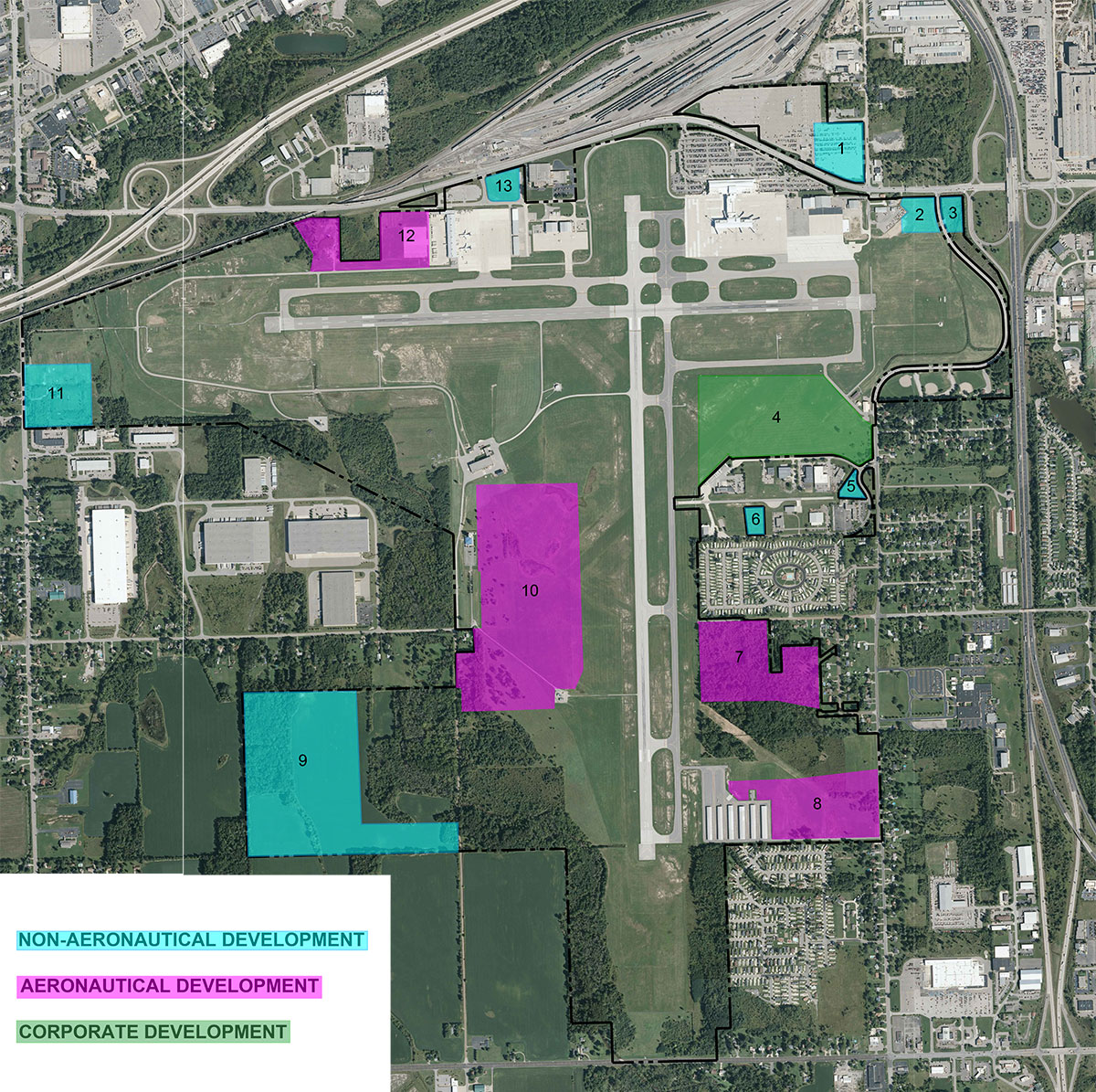 10 acres (approx), zoned Airport District (AD) within Flint Township. 5.5 acres (approx), zoned Industrial (E) within City of Flint. 3 acres (approx), zoned Industrial (E) within City of Flint. 46 acres (approx), zoned Industrial (E) within City of Flint, parcel may be split. 1.5 acres (approx), zoned Industrial (E) within City of Flint. 2.5 acres (approx), zoned Industrial (E) within City of Flint. 27 acres (approx), partially zoned Residential Suburban Agricultural (RSA) within Mundy Township and Industrial (E) within City of Flint, parcel may be split. 24.5 acres (approx), zoned Industrial (E) within City of Flint, parcel may be split. 71 acres (approx), zoned Residential Suburban Agricultural (RSA) within Mundy Township, parcel may be split. 77 acres (approx), primarily zoned Industrial (E) within City of Flint, partially zoned Residential Suburban Agricultural (RSA) within Mundy Township, parcel may be split. 7 acres (approx), zoned Industrial (E) within City of Flint.  11 acres (approx), zoned Industrial (E) within City of Flint.  3 acres (approx) , zoned Airport District (AD) within Flint Township.
