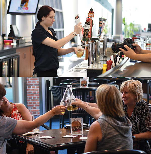 Top photo of a female bartender poring a samual adams. Bottom photo are 4 ladies cheersing at a table.