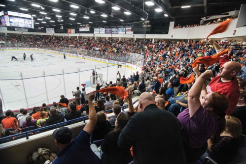 The image is of the Flint Firebirds hockey game. There is a crowd of people with a glimpse down to the ice and the ice with the hockey players.